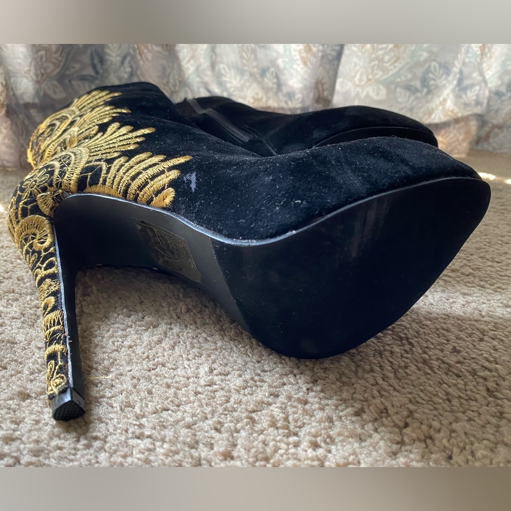 Heeled Black Faux-Suede with Gold Embroidery Booties - Picture 2 of 5